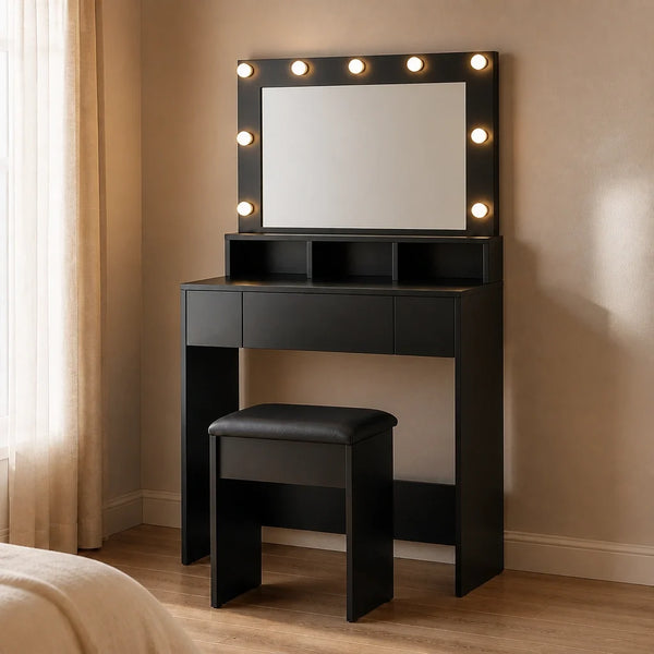Coiffeuse NOIREA - noir mat, miroir Hollywood LED
