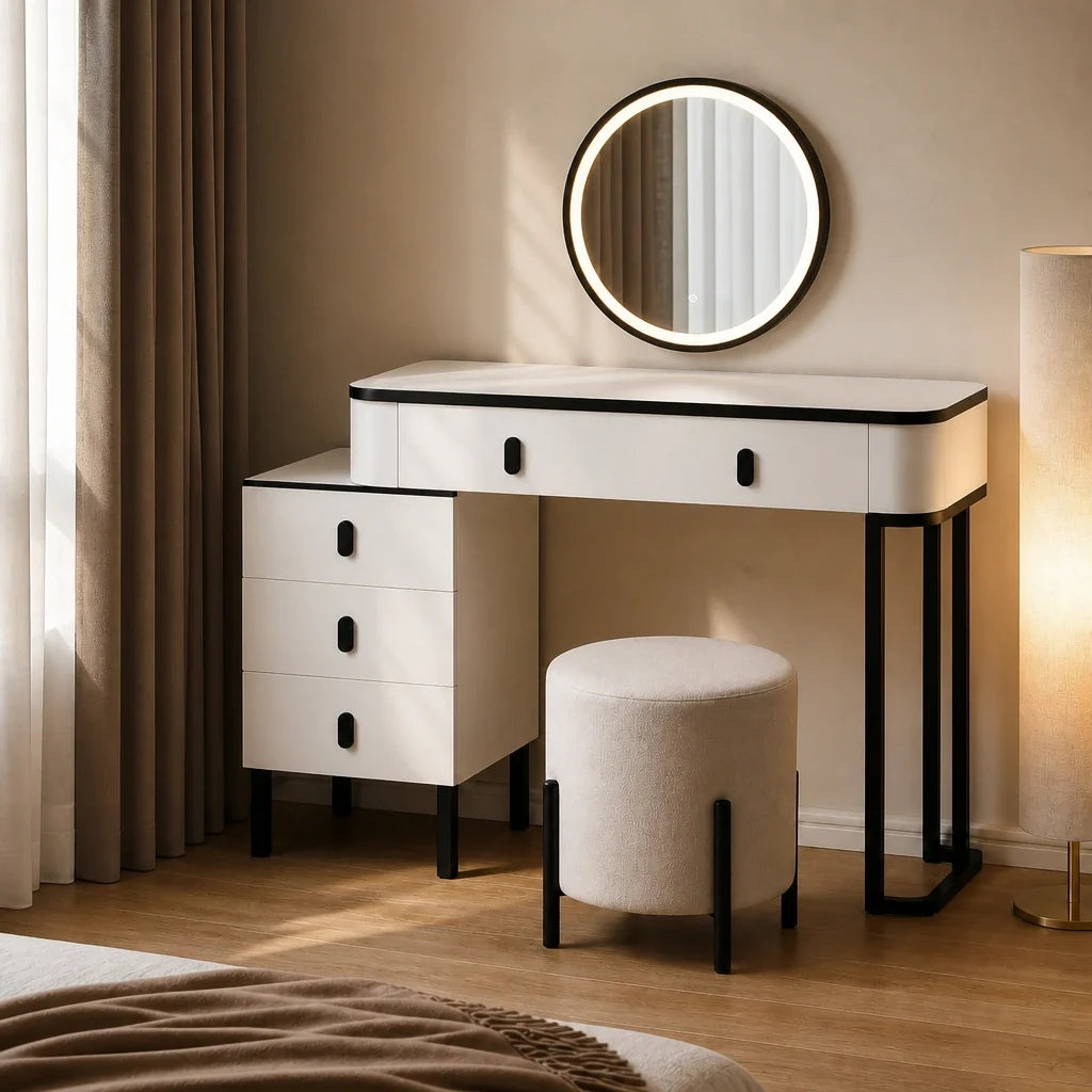 Coiffeuse LYRA - miroir LED, blanc et noir