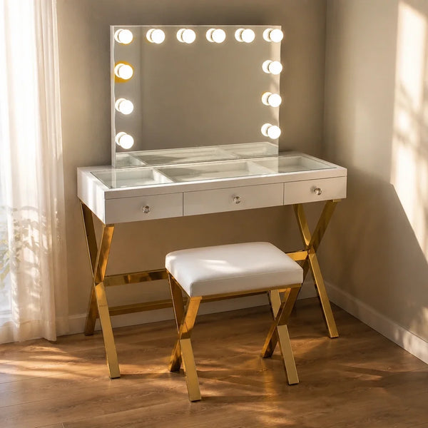 Coiffeuse Hollywood Gold - blanche