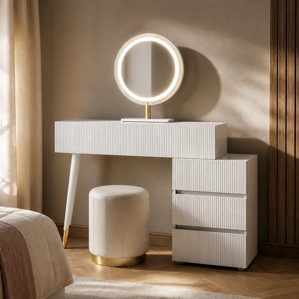 Coiffeuse LUNA - miroir LED, blanc et doré