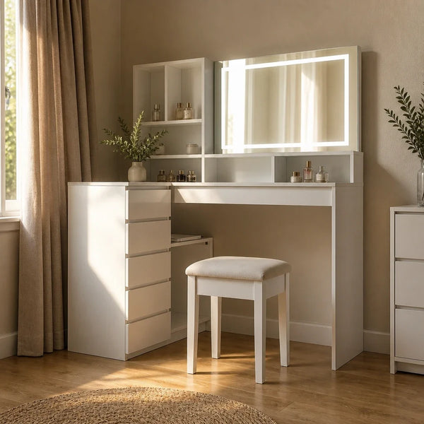 Coiffeuse d'angle ELSY - grand miroir LED
