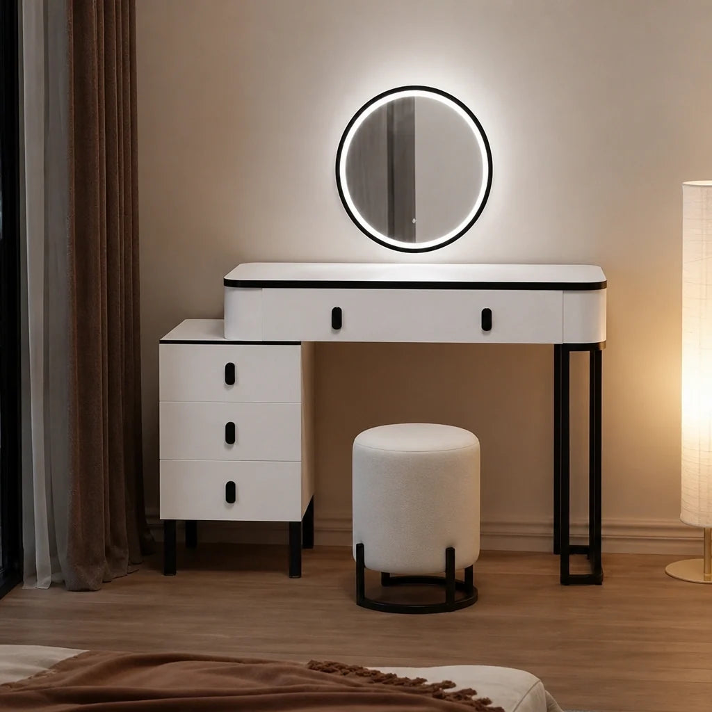 Coiffeuse LYRA - miroir LED, blanc et noir