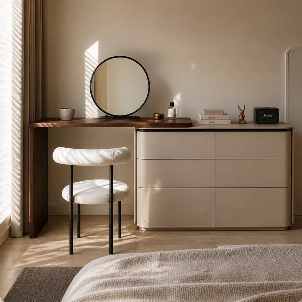 Coiffeuse d'angle SOLVA - plateau 120 cm, 6 tiroirs