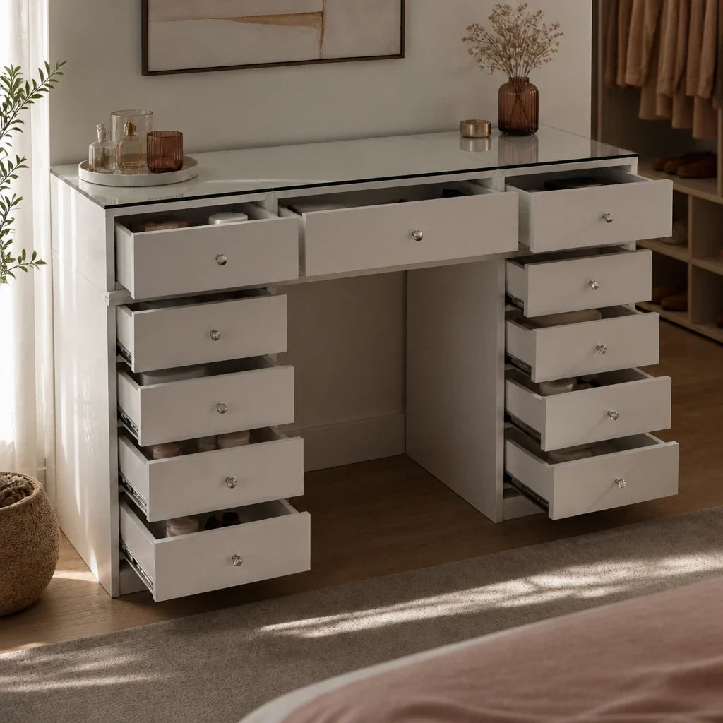 Coiffeuse vitrée 150 cm - 13 tiroirs