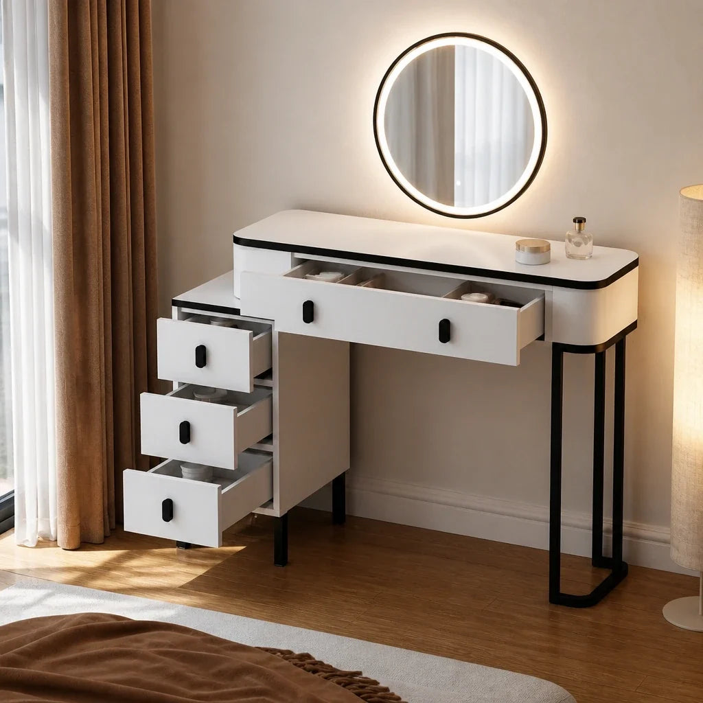 Coiffeuse LYRA - miroir LED, blanc et noir