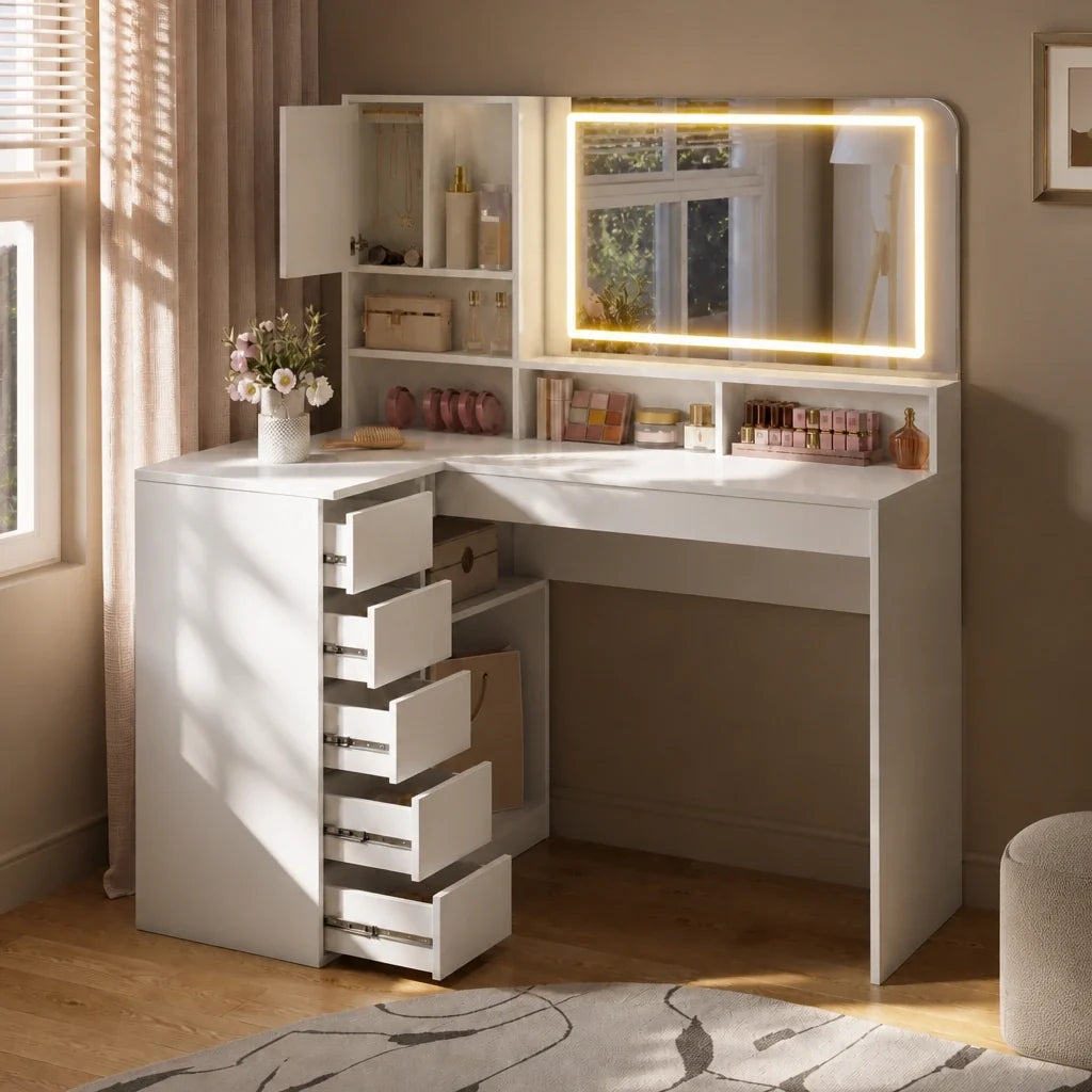Coiffeuse d'angle ALVA - miroir LED, 5 tiroirs