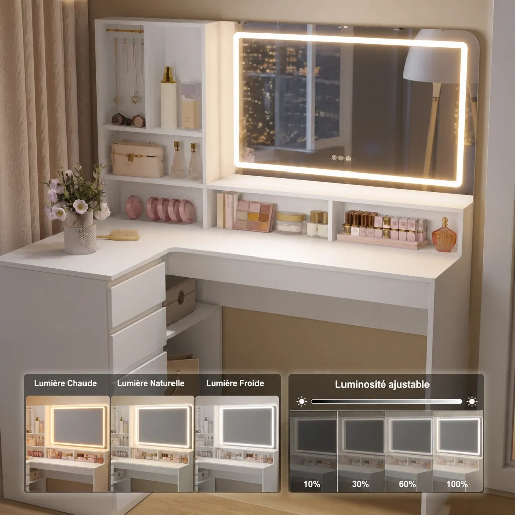 Coiffeuse d'angle ALVA - miroir LED, 5 tiroirs