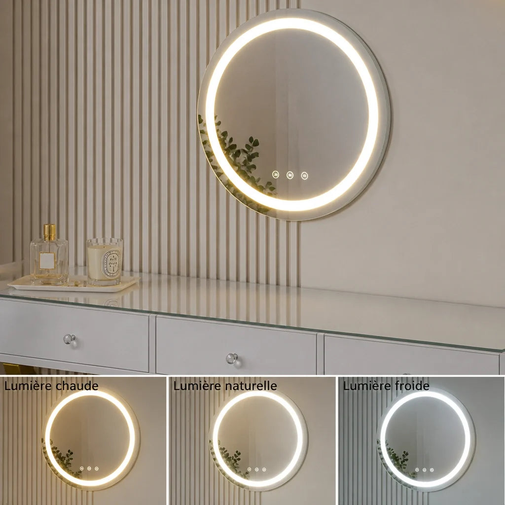 Coiffeuse ELORA - miroir LED mural, blanc
