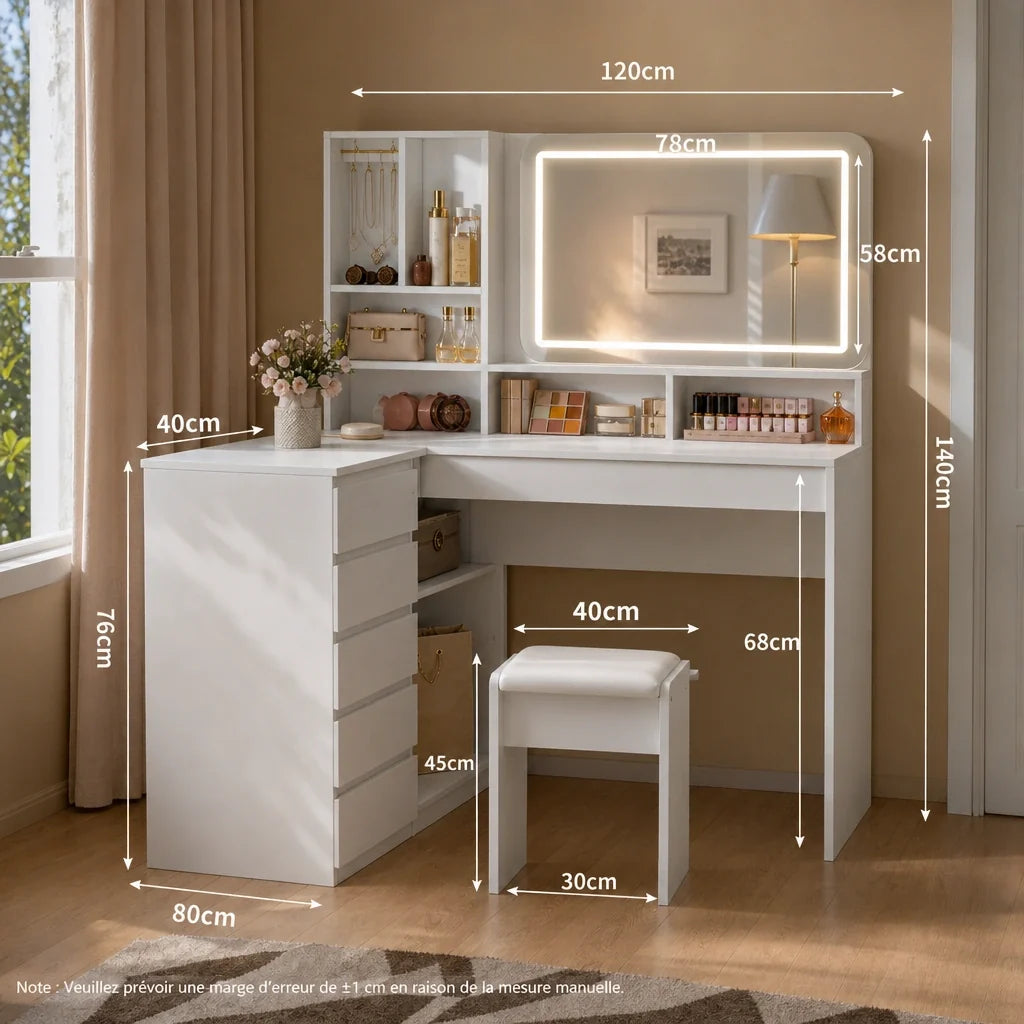 Coiffeuse d'angle ALVA - miroir LED, 5 tiroirs