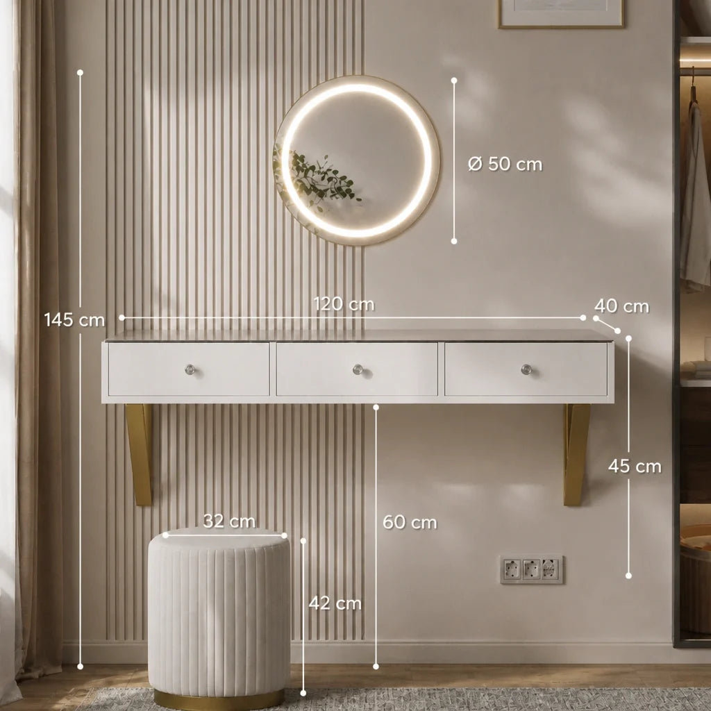 Coiffeuse ELORA - miroir LED mural, blanc