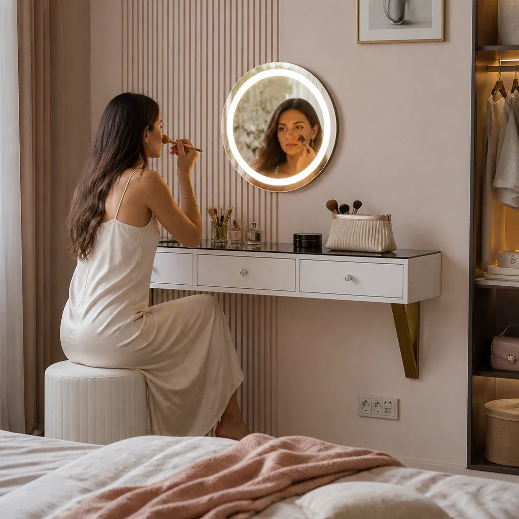 Coiffeuse ELORA - miroir LED mural, blanc