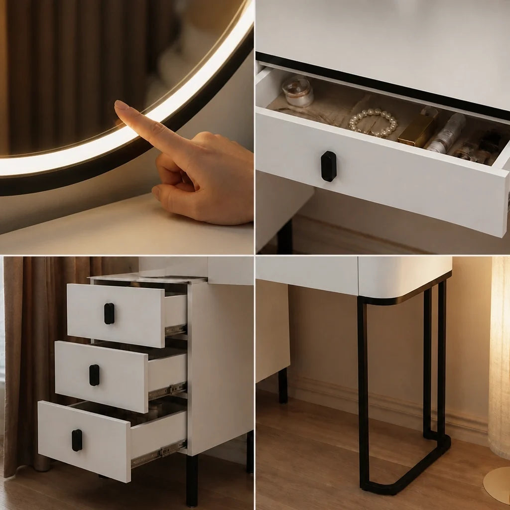 Coiffeuse LYRA - miroir LED, blanc et noir